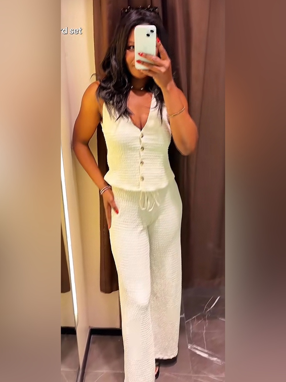 ZARA 2 Piece Set. Textured Cream Wide-Leg Pull-on Pants & Matching Vest - Picture 11 of 16